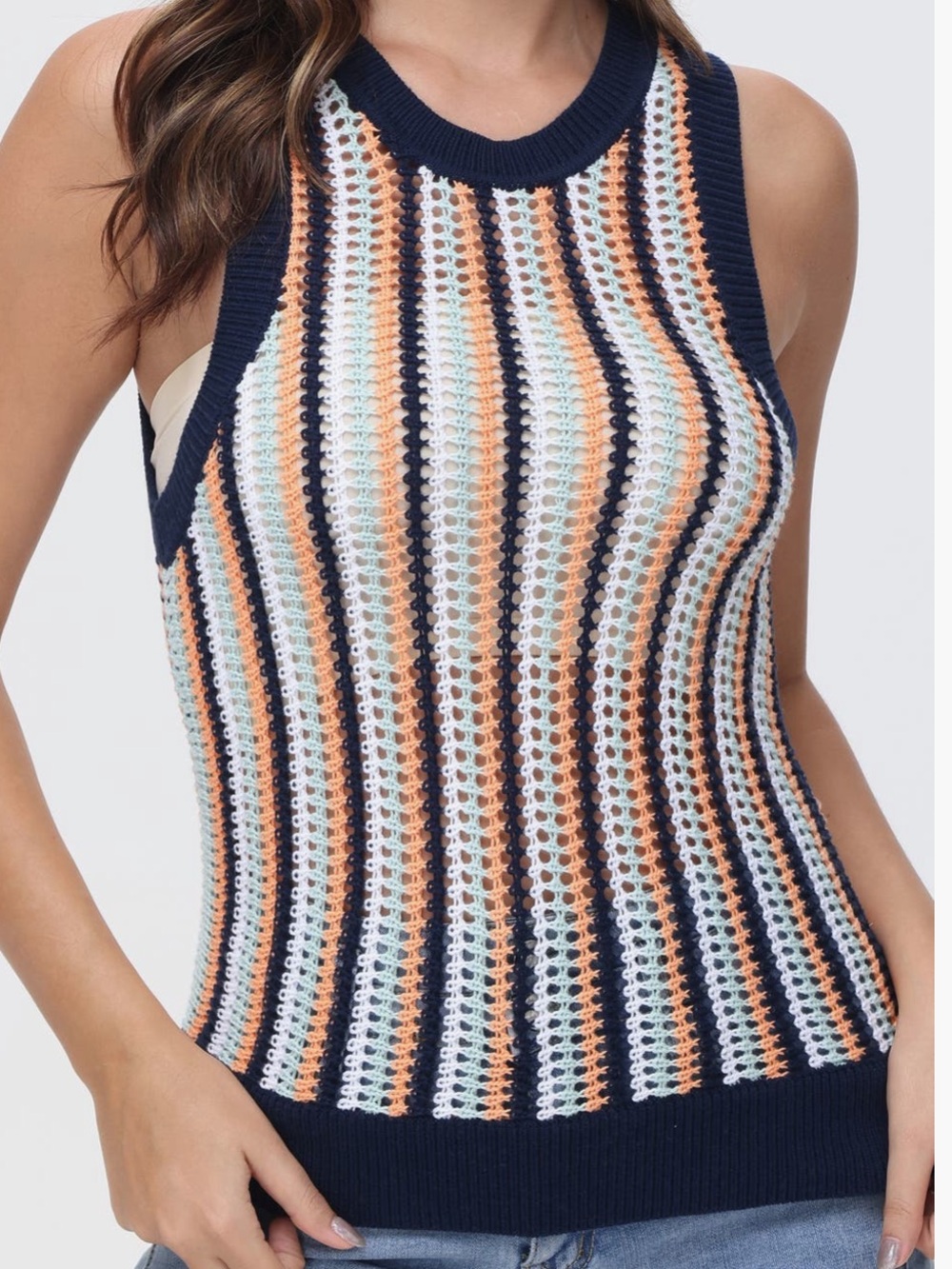 525 America Krista Stripe Open Stitch Crochet Tank Top NWOT Large - Picture 8 of 8